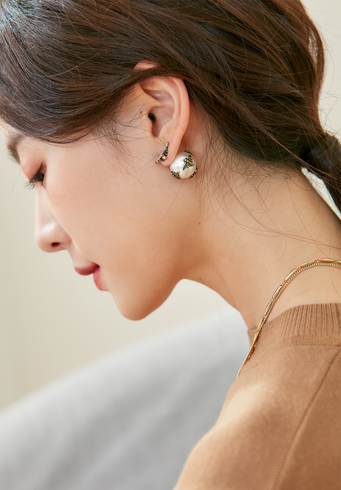 Eco安珂飾品，韓國耳環，夾式耳環，蜜蜂珍珠耳環，昆蟲飾品