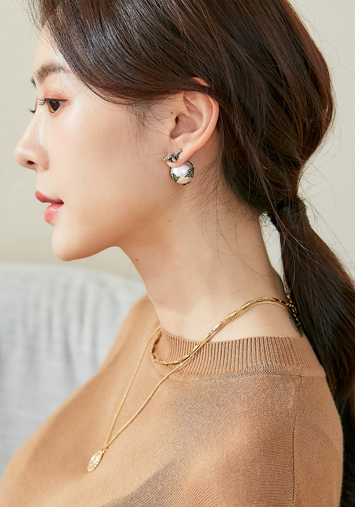Eco安珂飾品，韓國耳環，夾式耳環，蜜蜂珍珠耳環，昆蟲飾品