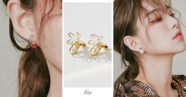 珍珠耳環，花朵耳環，紅色耳環，過年飾品，夾式耳環